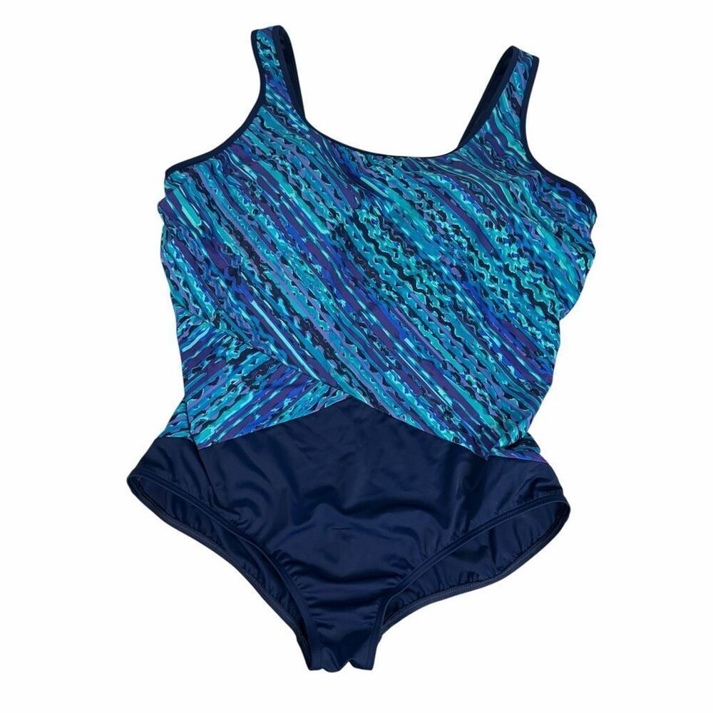 Lands End Womens Swimsuit Tugless Tank 24W Deep Sea Ripples